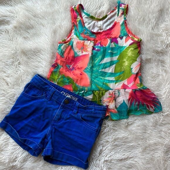 Cherokee Blue Jean Shorts & Floral Ruffled Tank Top Bundle Set Boho Tropical 7/8 - Picture 1 of 7